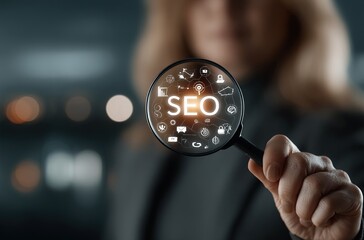 SEO Search Engine Optimization Concept. Businesswoman hold magnifying glass focusing on SEO, digital marketing icons, representing search engine optimization strategies. Target Market, Social Media,