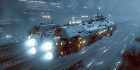 Una nave espacial futurista viaja a gran velocidad a través de un paisaje urbano iluminado con luces de neón.