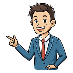 Business man pointing finger at something. Happy face. Hand drawn style vector design illustrations. 