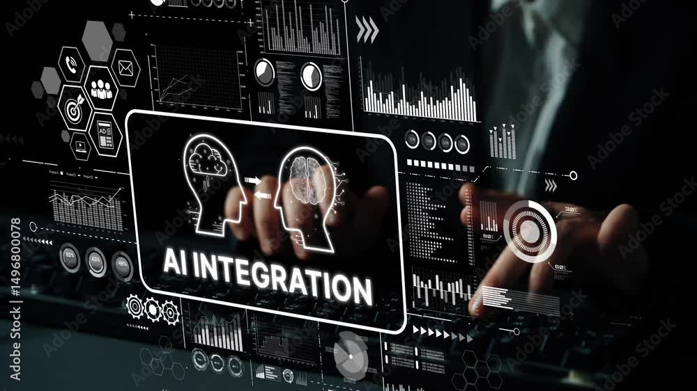 Poster Businessman Using Technology to Showcase AI Integration with Data Visualizations and Analytics in a Modern Workspace. Asymptotic smart data analytic.