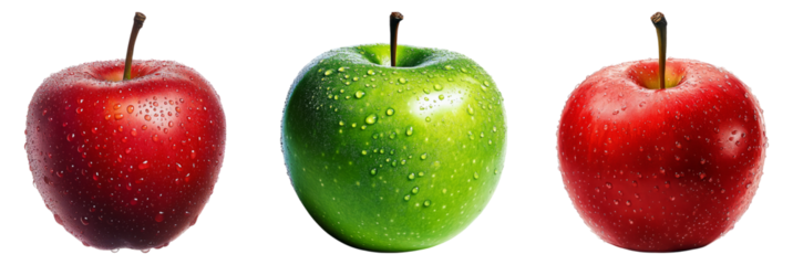 Fresh Red and Green Apples with Water Droplets on Black Background Isolated Transparent Background