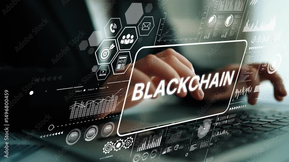 Poster business professional engaging with blockchain technology and digital interfaces in modern workspace