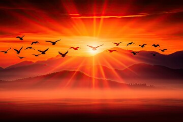 Majestic Sunrise Over Serene Landscape with Silhouetted Birds in Flight Creating a Breathtaking Safari Experience in Nature's Splendor and Tranquility