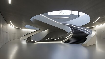 Modern, sculpted concrete interior with flowing staircases