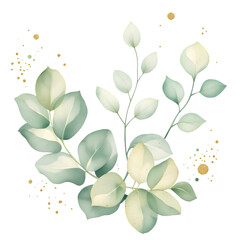 Watercolor illustration of eucalyptus leaves with golden glitter accents