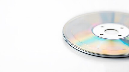 Close-up iridescent CD Rom disc on white background