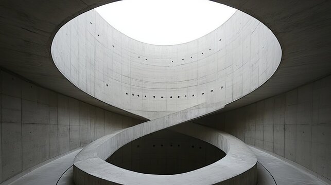 Abstract concrete spiral staircase ascending to a skylight
