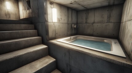 Minimalist concrete bathtub in a modern subterranean space
