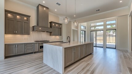 Modern kitchen with large island, neutral tones, and open layout