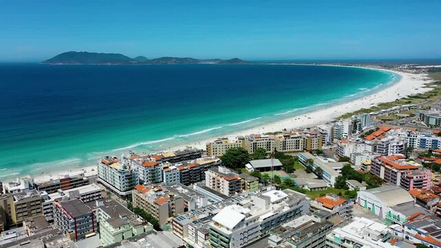 Caribbean Beach In Cabo Frio Rio De Janeiro Brazil. Amazing Skysrapers And Traffic On Street Viewed From Above. Town Sky Clouds Backgrounds Urban. Exterior Backgrounds Panoramic City.