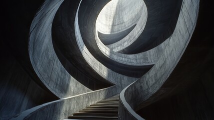Intricate concrete spiral staircase leading to light