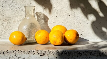 Still life of lemons and a glass decanter under sunlit shadows