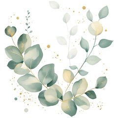 Watercolor illustration of eucalyptus branches with golden glitter accents