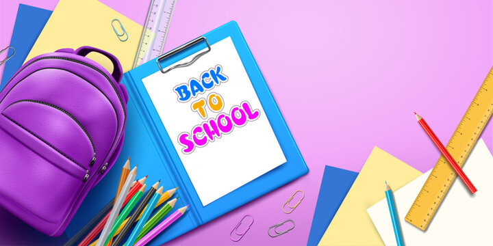 clipboard with white paper with the word back to school written on it. school and education concept equipment on the pink background.back to school banner design element vector illustration.