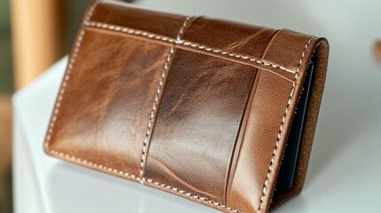 Brown leather wallet with stitched compartments