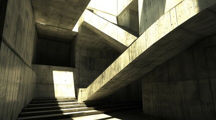 Abstract concrete interior design with angled stairs. Sunlight streams through the structure