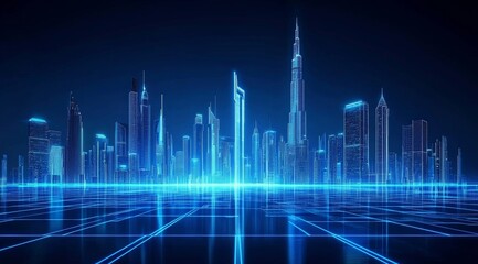 Neon-lit futuristic cityscape with skyscrapers and grid lines
