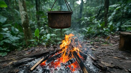Campfire cooking in a lush rainforest. Pot hangs over flames