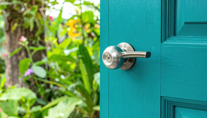 Vibrant teal door adorned with polished metal handle swings open to reveal lush garden filled with greenery