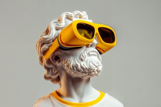 Naklejki Busto de mármol con gafas de sol amarillas. Estilo moderno que combina arte clásico y elementos contemporáneos.