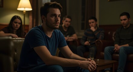 Obraz premium Suspenseful Gathering A Group's Tense Encounter in Dimly Lit Room