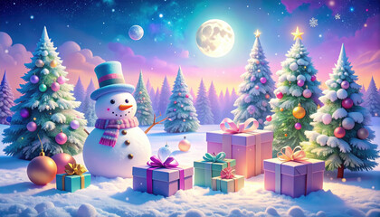 Obraz premium Whimsical winter landscape featuring cheerful snowman surrounded by pastel gifts and colorful ornaments under glowing moon