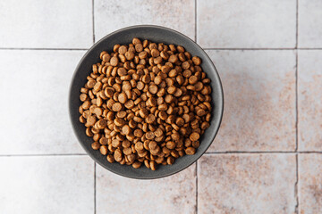 Bowl full of dry dog food kibbles on tiled background
