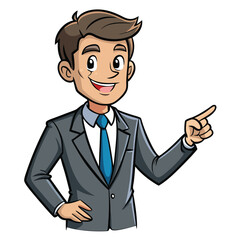 Business man pointing finger at something. Happy face. Hand drawn style vector design illustrations. 