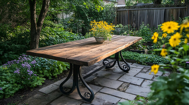 A rustic wooden table with wrough  12A9C