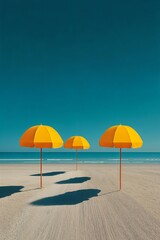 Tres sombrillas amarillas en una playa arenosa bajo un cielo azul intenso. Las sombras largas se proyectan sobre la arena.