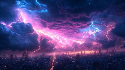 Obraz premium City shrouded in a vibrant, powerful storm. Lightning illuminates a cityscape