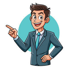 Business man pointing finger at something. Happy face. Hand drawn style vector design illustrations. 
