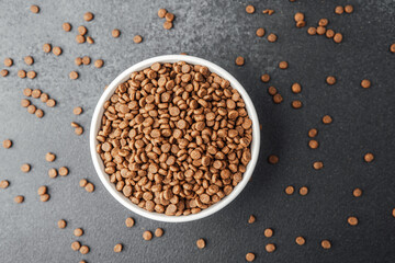 White bowl filled with dry dog food on black background with scattered kibbles