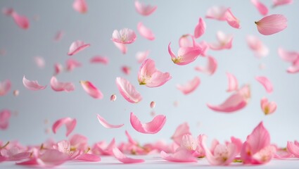 Pink petals of a Sakura flower suspended in mid-air and the white background providing a clean and uncluttered contrast, springtime wonder and tranquility.