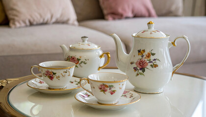 Delicate porcelain tea set adorned with floral motifs sits elegantly glass table warm living room, creating cozy atmosphere