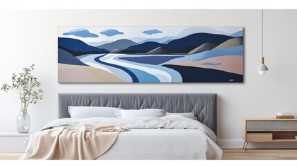 Serene landscape painting in calming blues and neutrals, showcasing a river winding through mountains