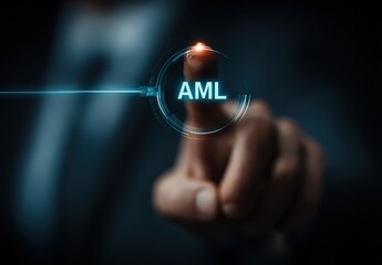 AML, Anti Money Laundering and Financial Compliance. Business professional interacts with AML interface icon for regulations, banking, protection, legal compliance in an anti-money laundering concept,