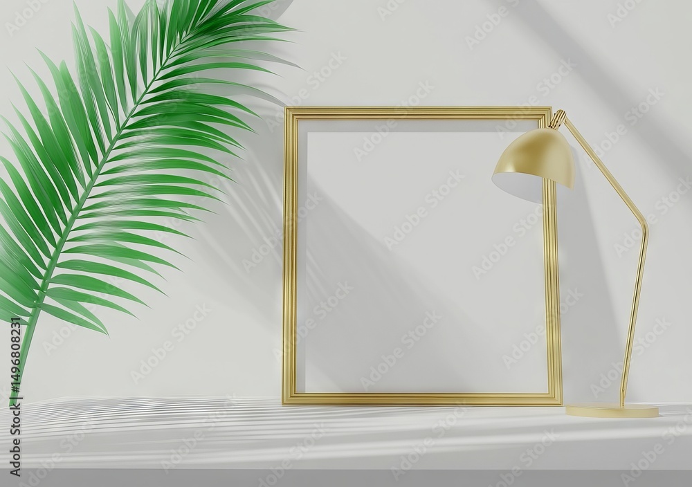 Poster an interior setting includes a poster mockup in a vertical gold metal frame positioned on a shelf, n