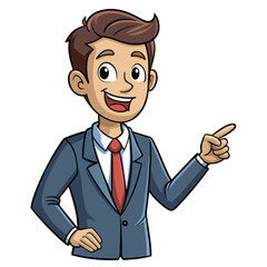 Business man pointing finger at something. Happy face. Hand drawn style vector design illustrations. 