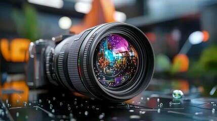 Close-up of a camera lens with reflections of a busy scene. Water droplets on the surface