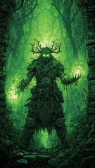 Una figura de hoja y ra&iacute;z se alza en un pasaje oscuro, sosteniendo orbes de luz, envuelta en una atm&oacute;sfera verde y misteriosa.