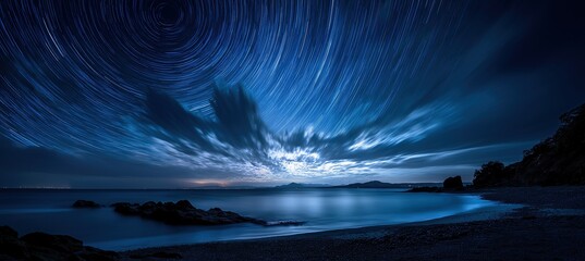Fototapeta premium Long-Exposure Night Sky Over Ocean Beach with Star Trails and Light Streaks: Capturing the Serene Beauty of Nature