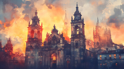 Obraz premium Cathedral of Santiago de Compostela. Cathedral of Santiago de Compostela hand drawn watercolor illustration