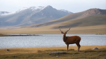 Naklejka premium Photograph of a Mongolian red deer in the grassland near a lake, with a mountainous landscape in the background.