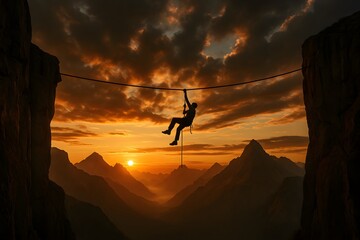 Silhouette of Man Crossing Rope Bridge Between Cliffs at Sunset Adventure Concept