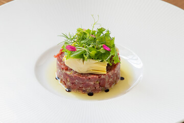 Closeup Australian Beef Tartare on wood table