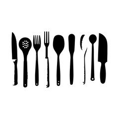 spoon and fork set. Set of restaurant icons. Silhouette cutlery icon, Steel Spoon Set, Spoon Set, Cutlery Set, Stainless Steel Spoon Set. Black cutlery set, Kitchen silhouette set.