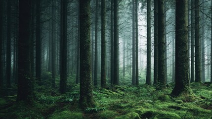 Obraz premium Slim tall trees in dark forest with green moss and ferns and fog, natural style.