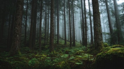 Obraz premium Slim tall trees in dark forest with green moss and ferns and fog, natural style.