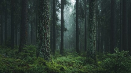 Slim tall trees in dark forest with green moss and ferns and fog, natural style.